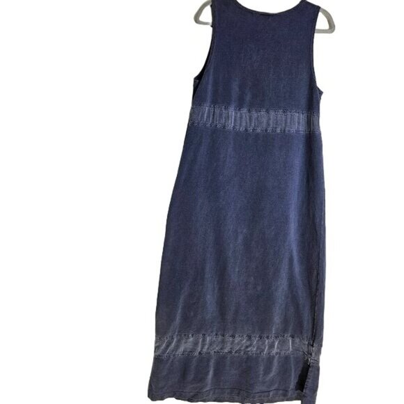 VINTAGE Dressing Clio Chambray Cotton Sleeveless Blue 90's Retro Maxi Dress M - Picture 2 of 10
